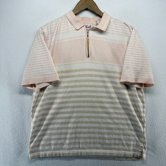 Vintage Elandale Polo Shirt Mens Large Pink White Striped Knit Mob Old Money 90s - Picture 2 of 10